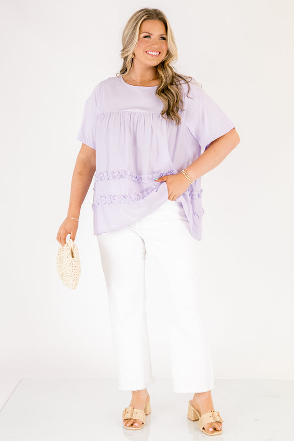 Chic Soul plus size clothing, light lavender short sleeve baby doll top with 2 rows of ruffles on the bottom