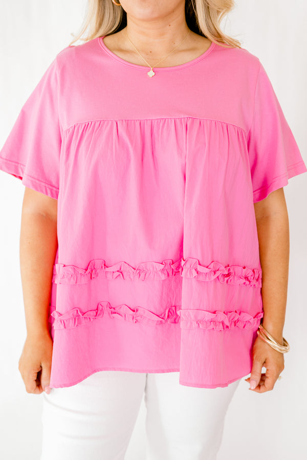 Chic Soul plus size clothing, pink short sleeve baby doll top with two ruffle stripe details towards the bottom of the shirt 