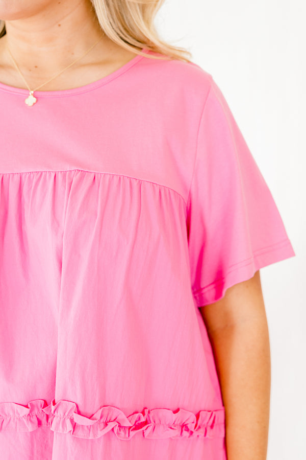 Chic Soul plus size clothing, pink short sleeve baby doll top with two ruffle stripe details towards the bottom of the shirt 