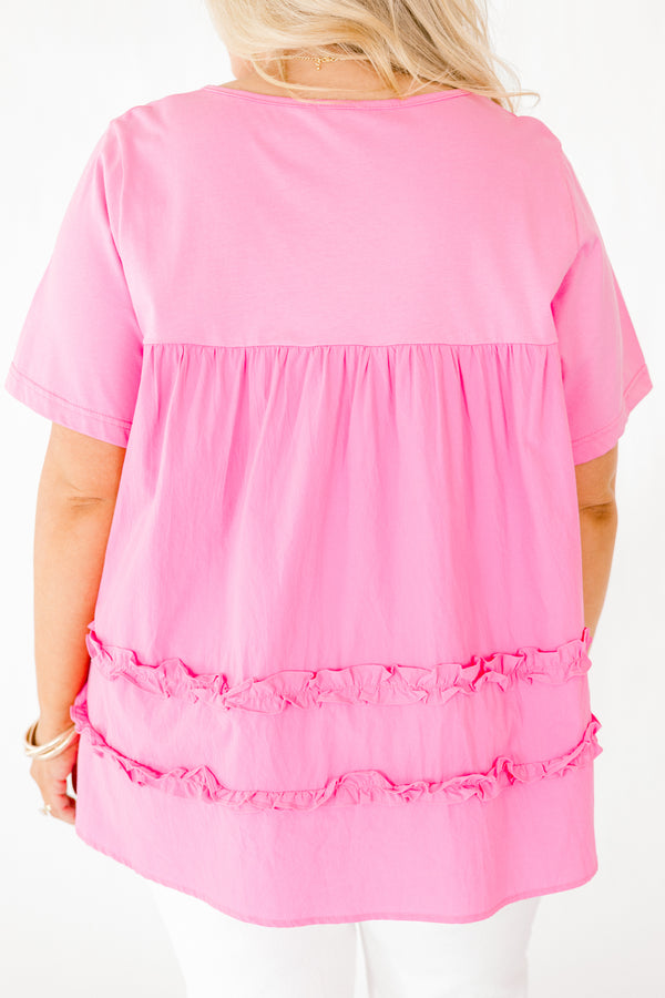 Chic Soul plus size clothing, pink short sleeve baby doll top with two ruffle stripe details towards the bottom of the shirt 