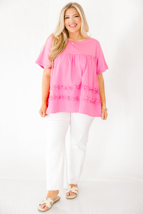 Chic Soul plus size clothing, pink short sleeve baby doll top with two ruffle stripe details towards the bottom of the shirt 