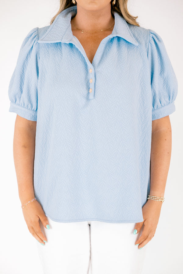 Chic soul plus size clothing, light blue puff sleeve textured top with button up v neck
