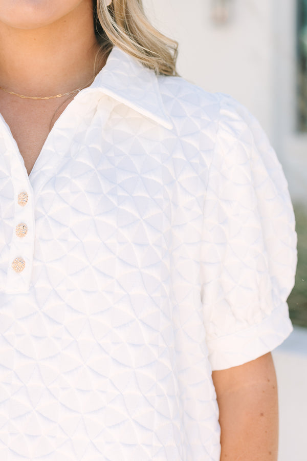 Chic Soul plus size clothing, white texture patterned short puff sleeve top with button up v neck collar
