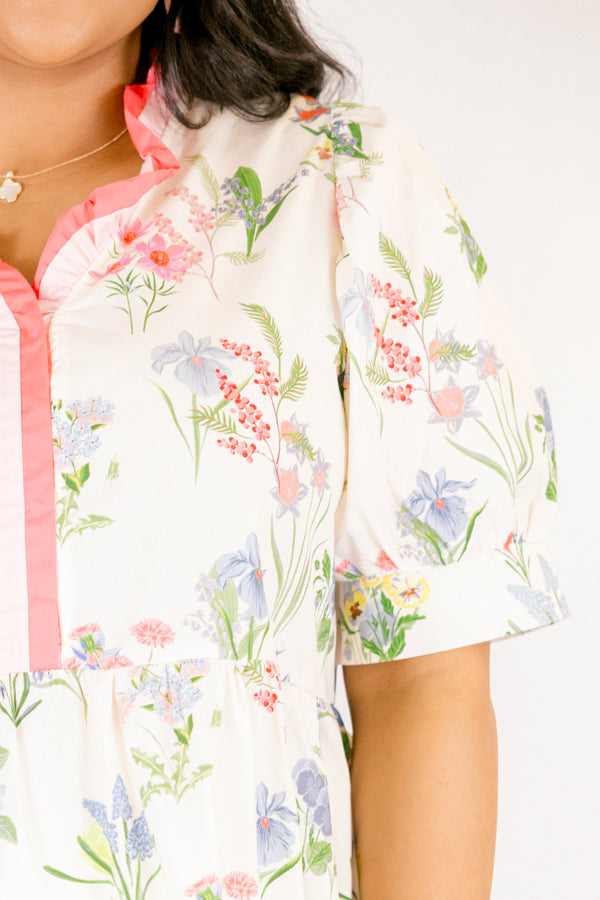 Chic Soul plus size clothing, white and multicolored floral print short sleeve peplum top with ruffle collar
