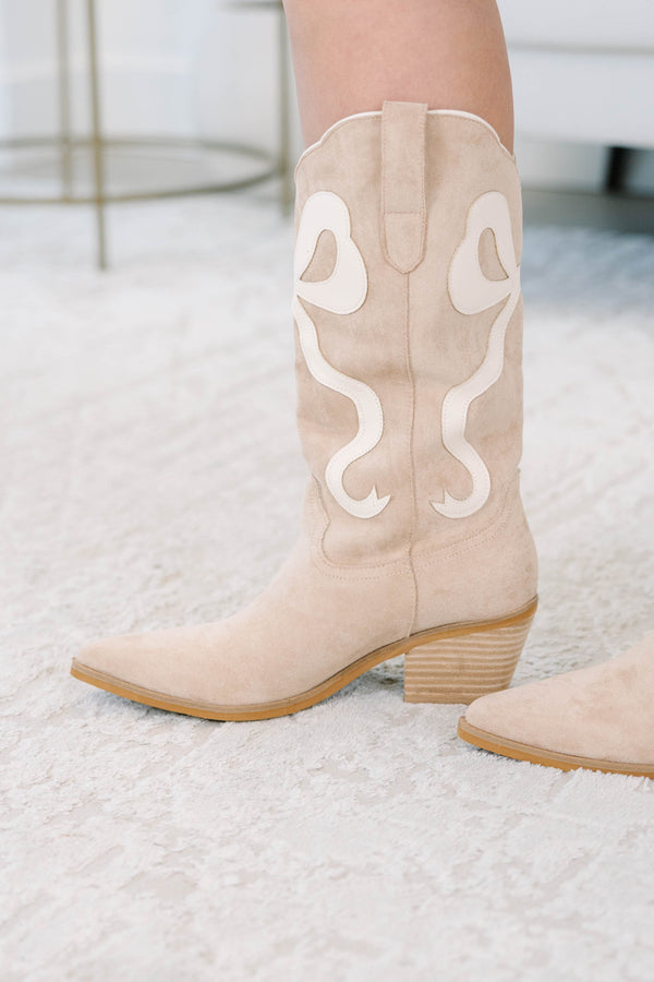 Plus Size apricot suede cowboy boots with white bow embroidery and a stacked block heel.