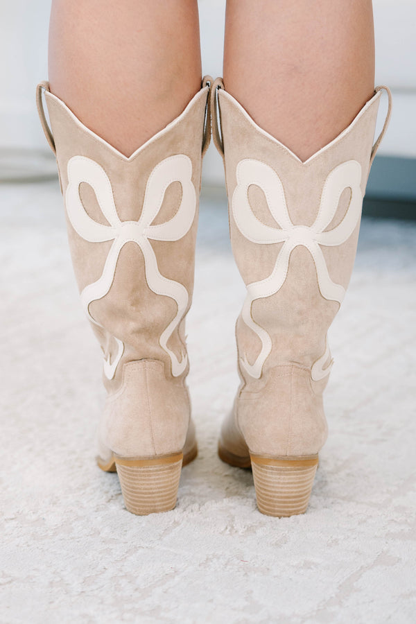 Plus Size apricot suede cowboy boots with white bow embroidery and a stacked block heel.