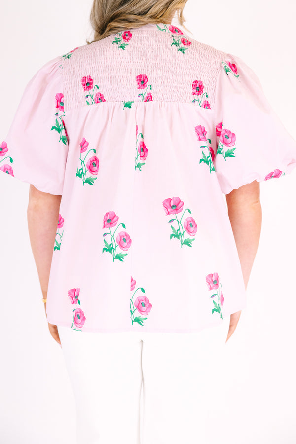 Chic Soul plus size clothing, light pink puff short sleeve top with dark pink and green flowers scattered on it with v neck cutout 