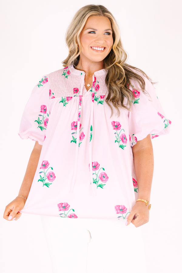 Chic Soul plus size clothing, light pink puff short sleeve top with dark pink and green flowers scattered on it with v neck cutout 
