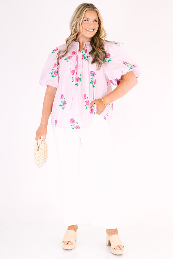 Chic Soul plus size clothing, light pink puff short sleeve top with dark pink and green flowers scattered on it with v neck cutout 
