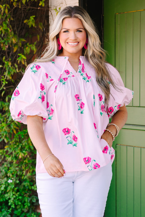Chic Soul plus size clothing, light pink puff short sleeve top with dark pink and green flowers scattered on it with v neck cutout 