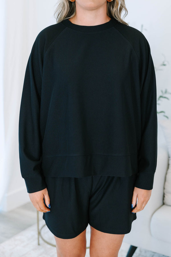 Plus size clothing, black ribbed set with long sleeves and matching shorts
