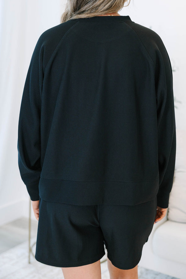 Plus size clothing, black ribbed set with long sleeves and matching shorts