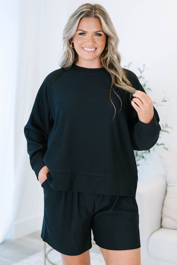 Plus size clothing, black ribbed set with long sleeves and matching shorts