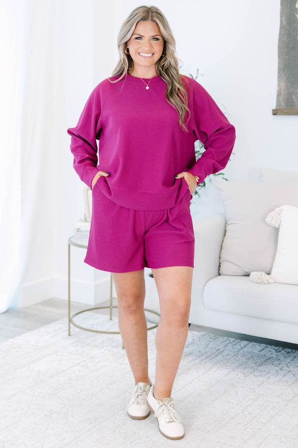 Plus size clothing, plum ribbed set with long sleeves and matching shorts
