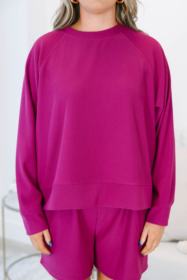 Plus size clothing, plum ribbed set with long sleeves and matching shorts