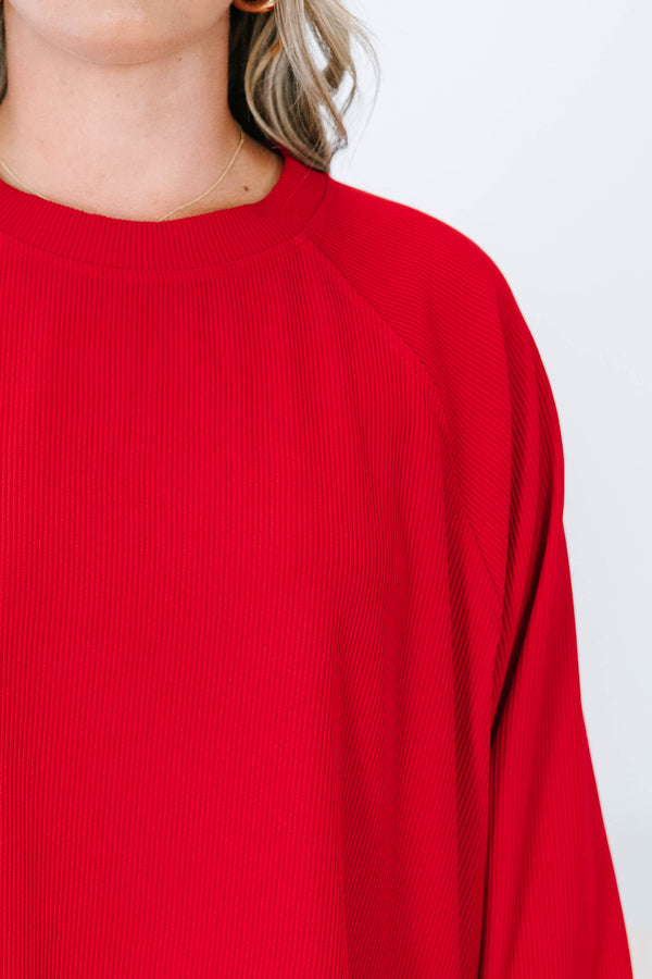 Plus size clothing, red ribbed set with long sleeves and matching shorts