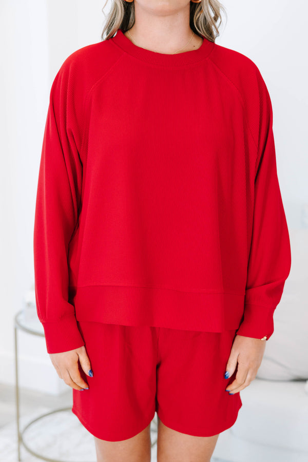 Plus size clothing, red ribbed set with long sleeves and matching shorts