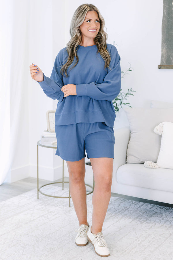 Plus size clothing, slate ribbed set with long sleeves and matching shorts