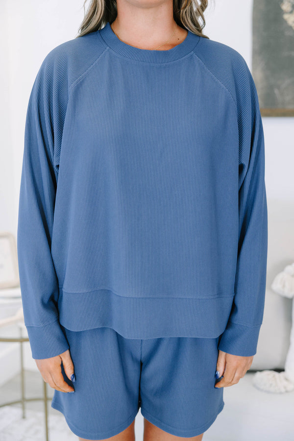 Plus size clothing, slate ribbed set with long sleeves and matching shorts