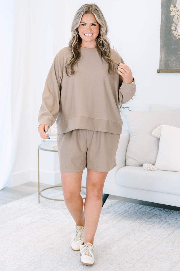 Plus size clothing, taupe ribbed set with long sleeves and matching shorts
