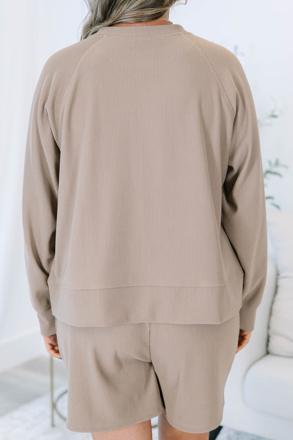 Plus size clothing, taupe ribbed set with long sleeves and matching shorts