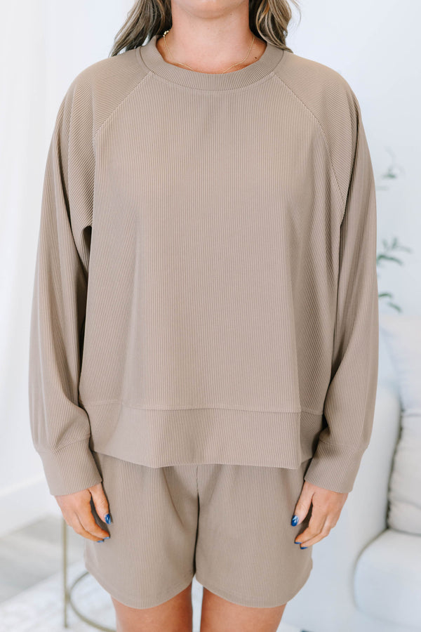 Plus size clothing, taupe ribbed set with long sleeves and matching shorts