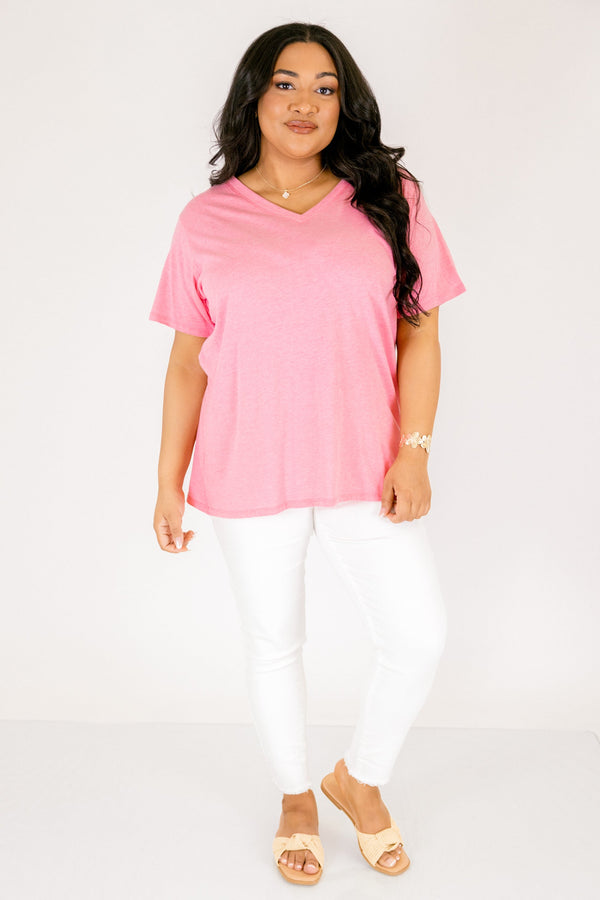 Chic Soul plus size clothing, heather fuchsia short sleeve basic tee with a v-neckline 