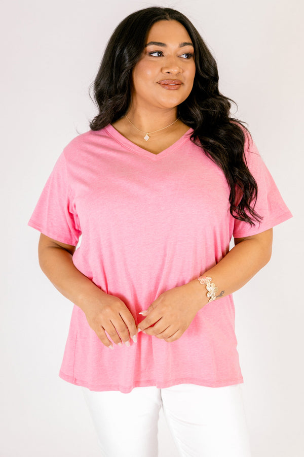 Chic Soul plus size clothing, heather fuchsia short sleeve basic tee with a v-neckline 