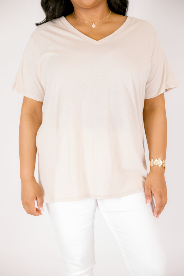 Chic Soul plus size clothing, sand beige short sleeve basic tee with a v-neckline 