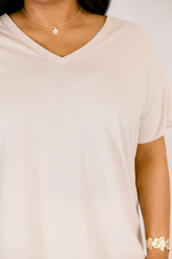 Chic Soul plus size clothing, sand beige short sleeve basic tee with a v-neckline 