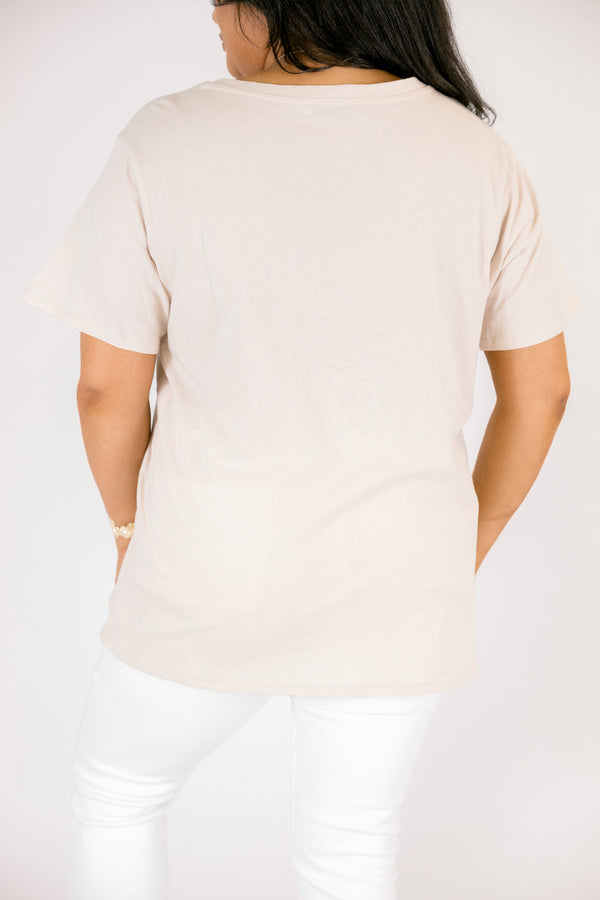 Chic Soul plus size clothing, sand beige short sleeve basic tee with a v-neckline 