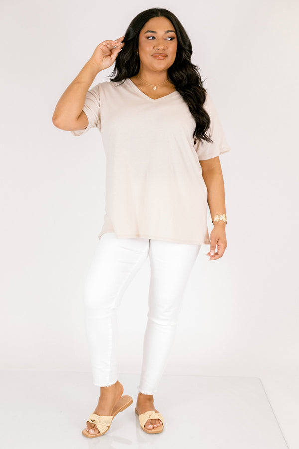 Chic Soul plus size clothing, sand beige short sleeve basic tee with a v-neckline 
