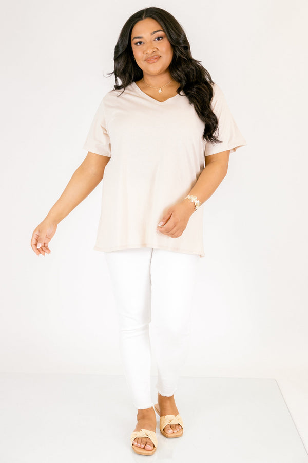 Chic Soul plus size clothing, sand beige short sleeve basic tee with a v-neckline 