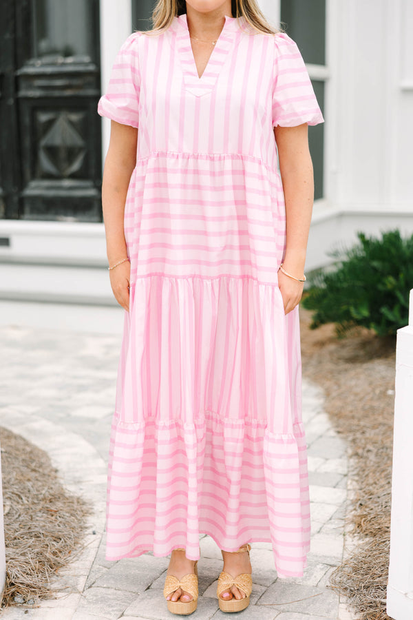 Chic Soul plus size clothing, pink tiered maxi dress with a horizontal striped pattern and bubble sleeves 