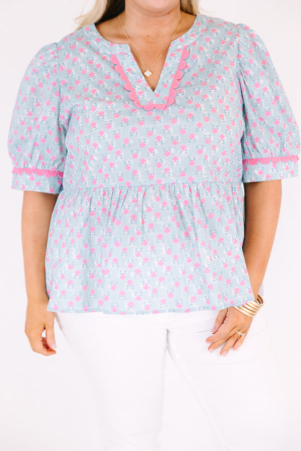 Chic Soul plus size clothing, light blue puff sleeve peplum v neck top with light pink floral print and scallop detailing on the neckline and sleeves
