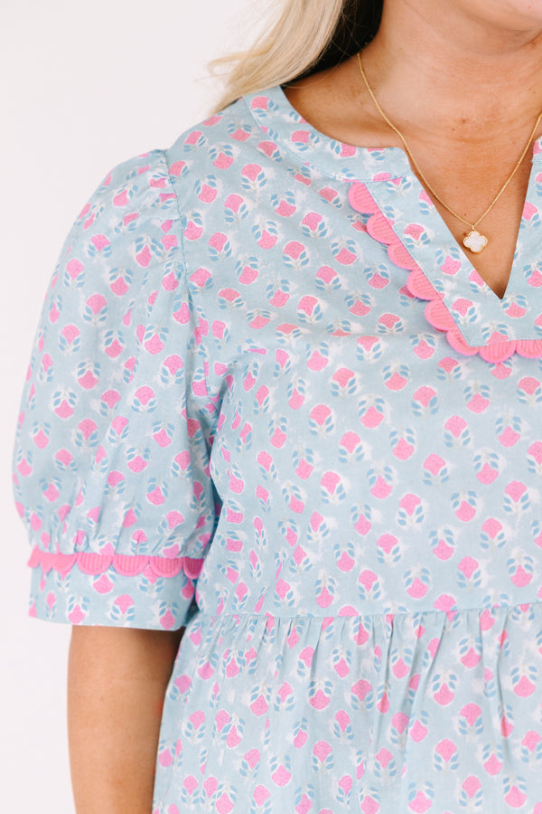 Chic Soul plus size clothing, light blue puff sleeve peplum v neck top with light pink floral print and scallop detailing on the neckline and sleeves
