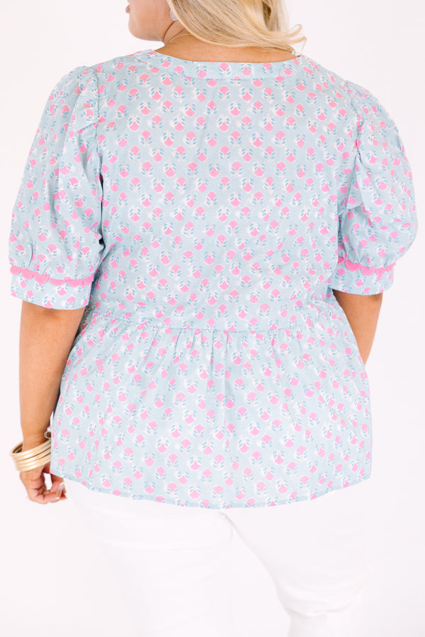 Chic Soul plus size clothing, light blue puff sleeve peplum v neck top with light pink floral print and scallop detailing on the neckline and sleeves