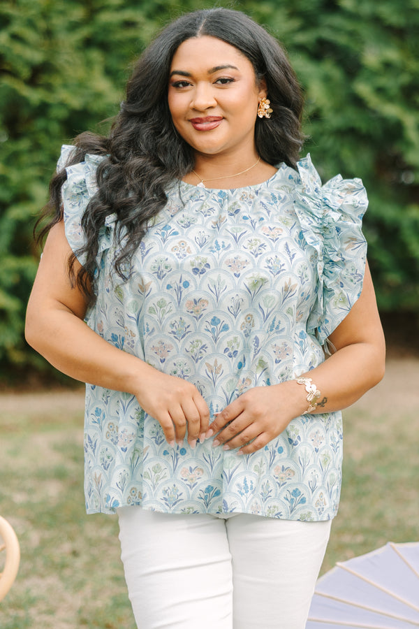 Chic Soul plus size clothing, light sage green and blue floral print top with ruffle cap sleeves