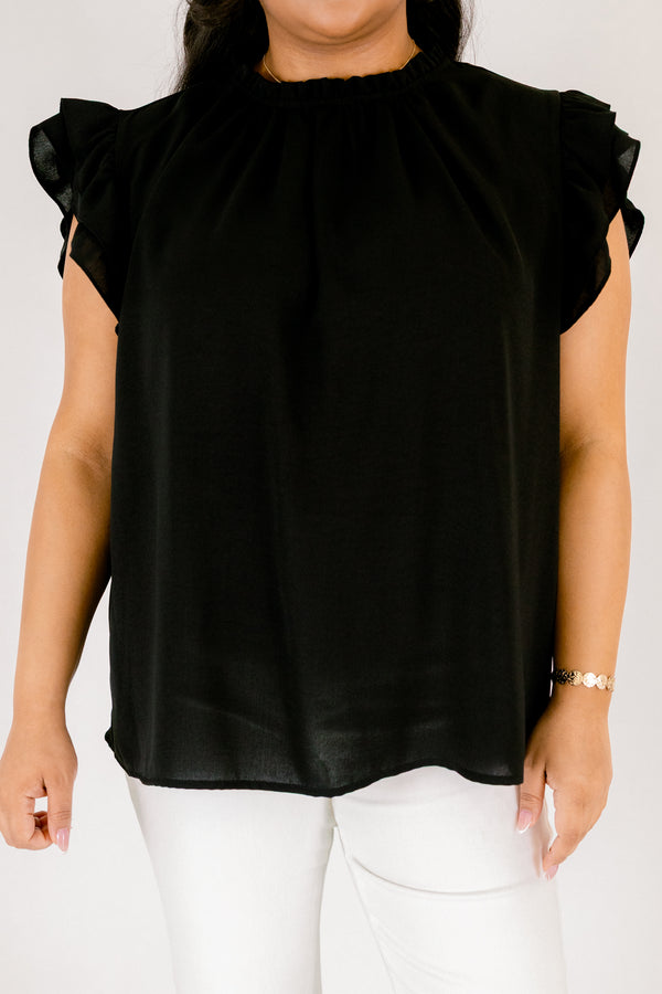   Chic Soul plus size clothing, black high neck top with flutter sleeves 