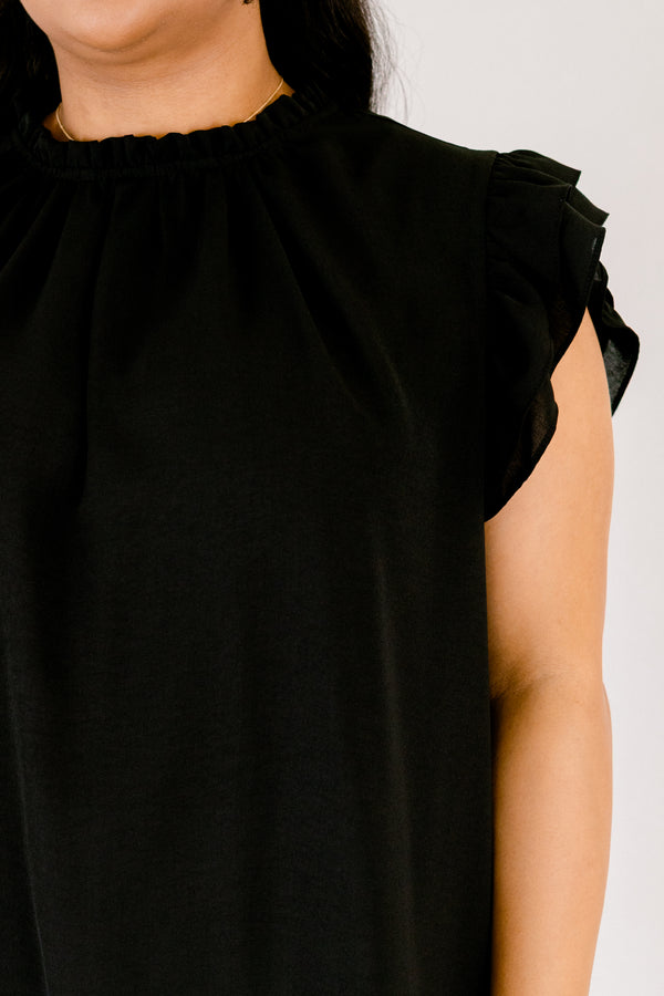   Chic Soul plus size clothing, black high neck top with flutter sleeves 