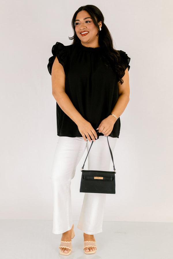   Chic Soul plus size clothing, black high neck top with flutter sleeves 