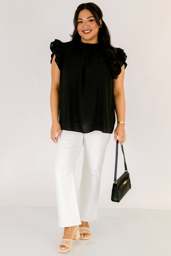   Chic Soul plus size clothing, black high neck top with flutter sleeves 