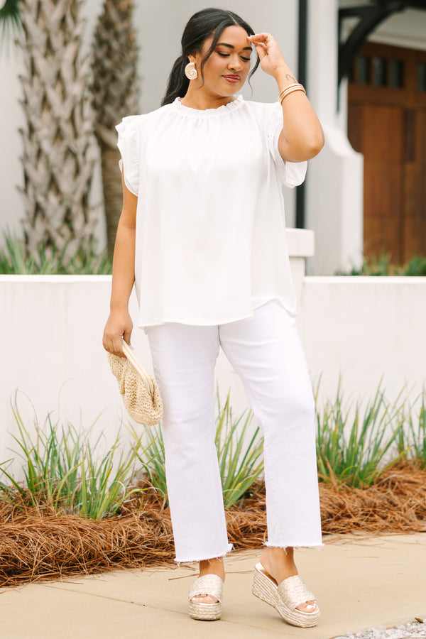 Chic Soul plus size clothing, white ruffle sleeve high neck top