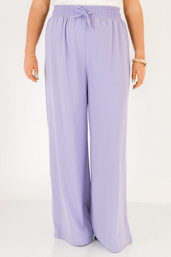 Chic Soul plus size clothing, periwinkle purple long flowy pants with stretchy waistband and drawstring