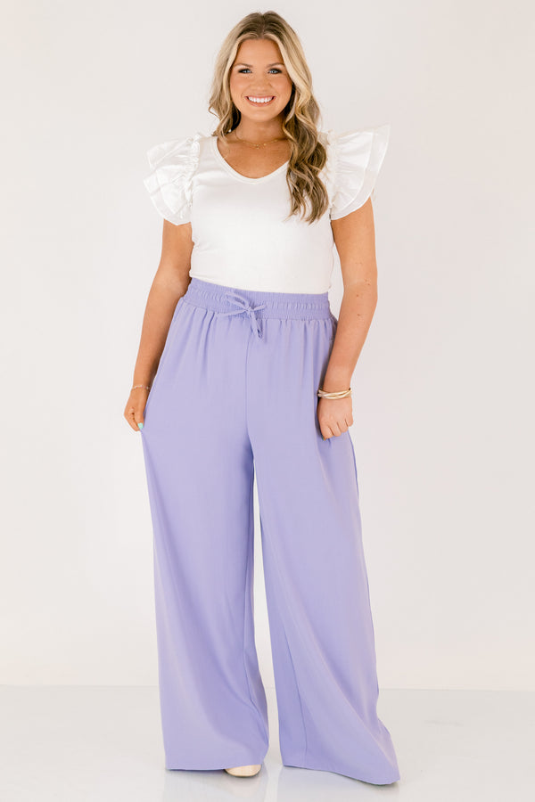 Chic Soul plus size clothing, periwinkle purple long flowy pants with stretchy waistband and drawstring