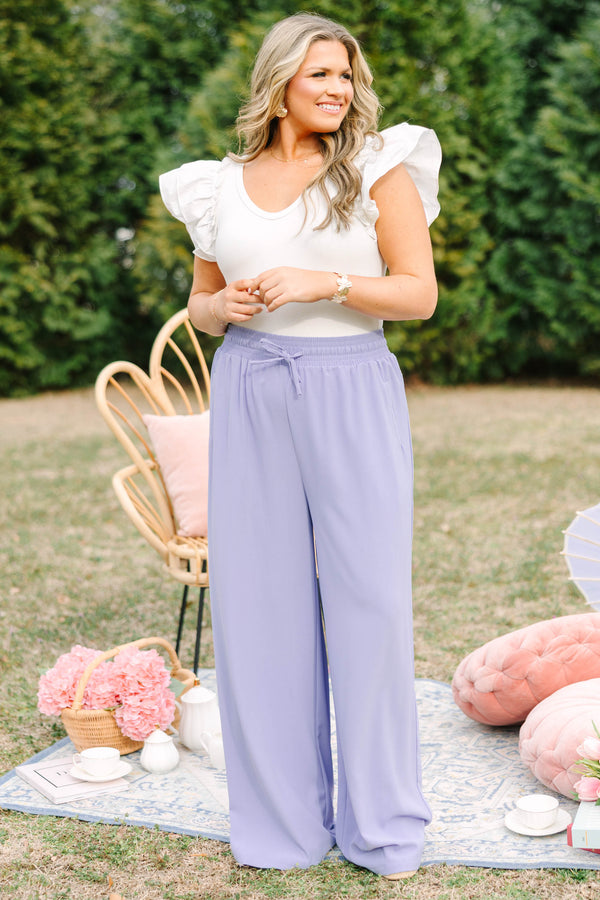 Chic Soul plus size clothing, periwinkle purple long flowy pants with stretchy waistband and drawstring