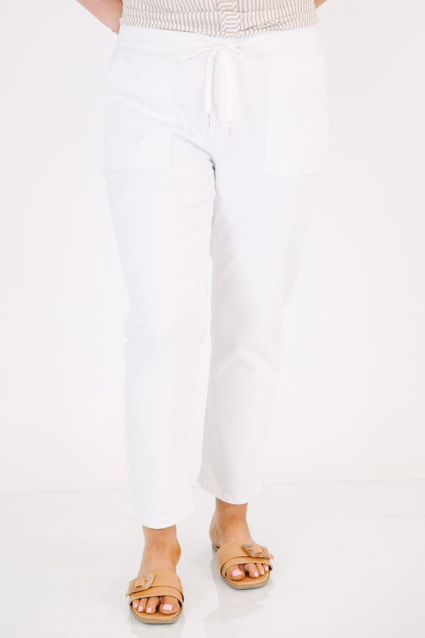 Chic Soul plus size clothing, white straight leg pant with front pockets and a draw string waistband 