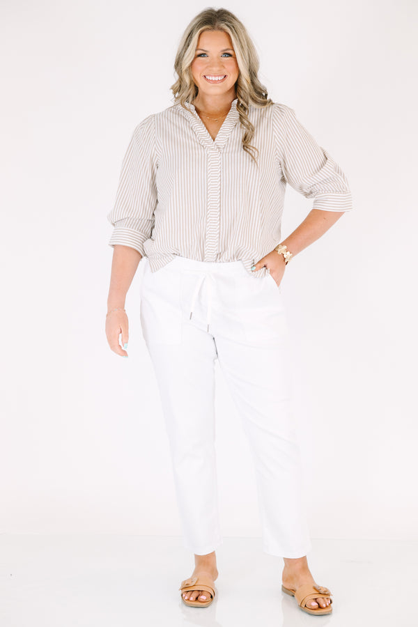 Chic Soul plus size clothing, white straight leg pant with front pockets and a draw string waistband 