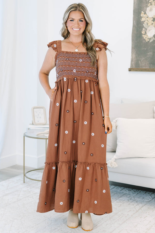 Plus size brown floral embroidered maxi dress with a smocked bodice and flutter straps.