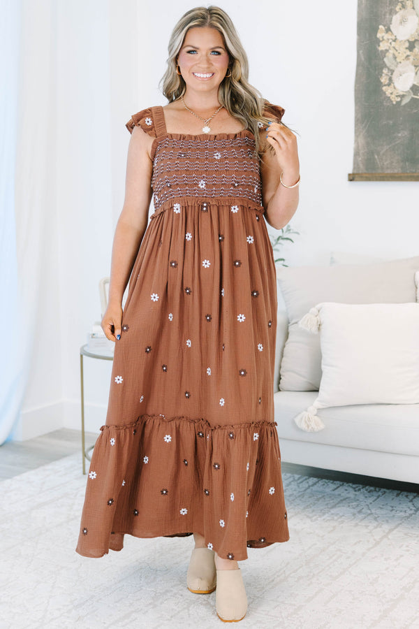 Plus size brown floral embroidered maxi dress with a smocked bodice and flutter straps.